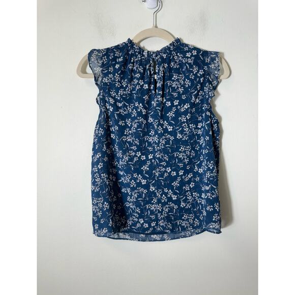 Banana Republic Blue Floral Flutter Sleeve High Ruffle Neck Blouse Sz XS - Picture 3 of 3